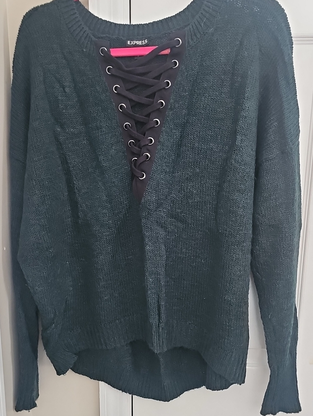 Express Dark Teal Lace-Up V-Neck Sweater - Women